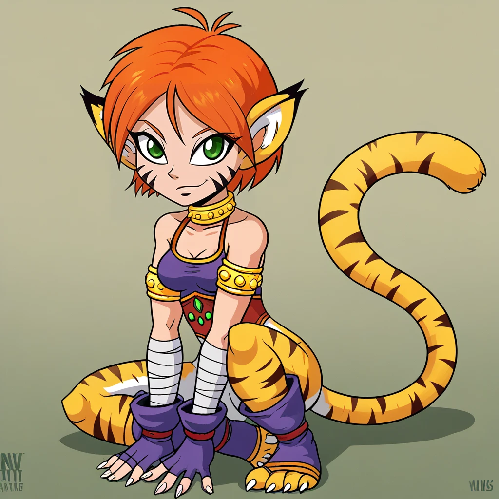 woman, solo, sfw, 
<lora:katt_xl:1>  furry female, furry, short hair, orange hair, green eyes, animal ears, pointy ears, facial mark, sharp fingernails, sharp toenails, no pants, tiger tail, bandages, neck ring, armlet, bustier, gloves, fingerless gloves, toeless footwear,
 <lora:Nev_Artist_Style_-_PonyXL:1> nevart,