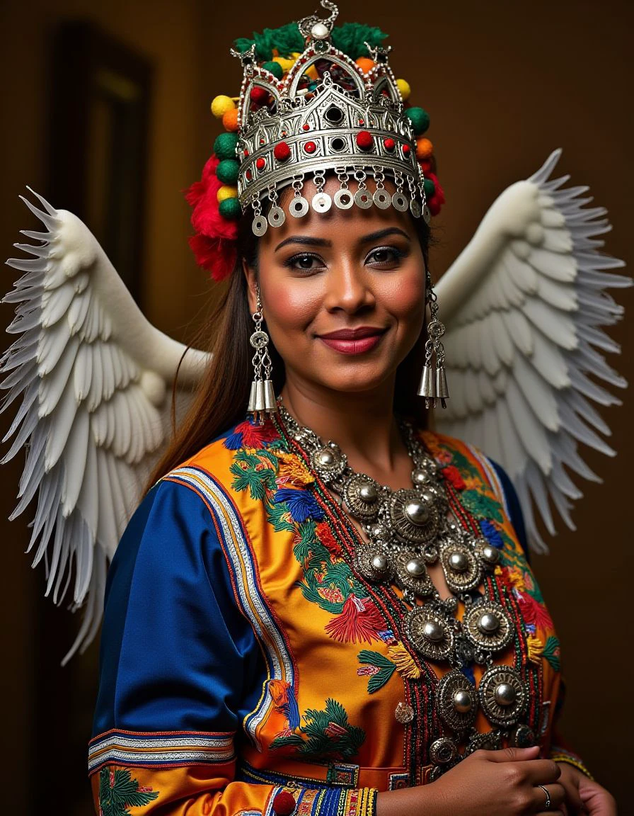 a woman in traditional outfit, Cinematic still, (Aunt:1.3) , the Aunt is Vibrant, Icy Wings, technologically driven, underglaze pattern, detailed brushwork, interior scenes, dressed in formal wear, Hyperrealistic wildlife sculptures, manipulation of natural landscapes, cinestill, indigenous, <lora:Tasfift_Flux.safetensors:1> adrr-tsfft, highly enhanced, atmosphere, highly color focused, perfect composition, beautiful, theatrical