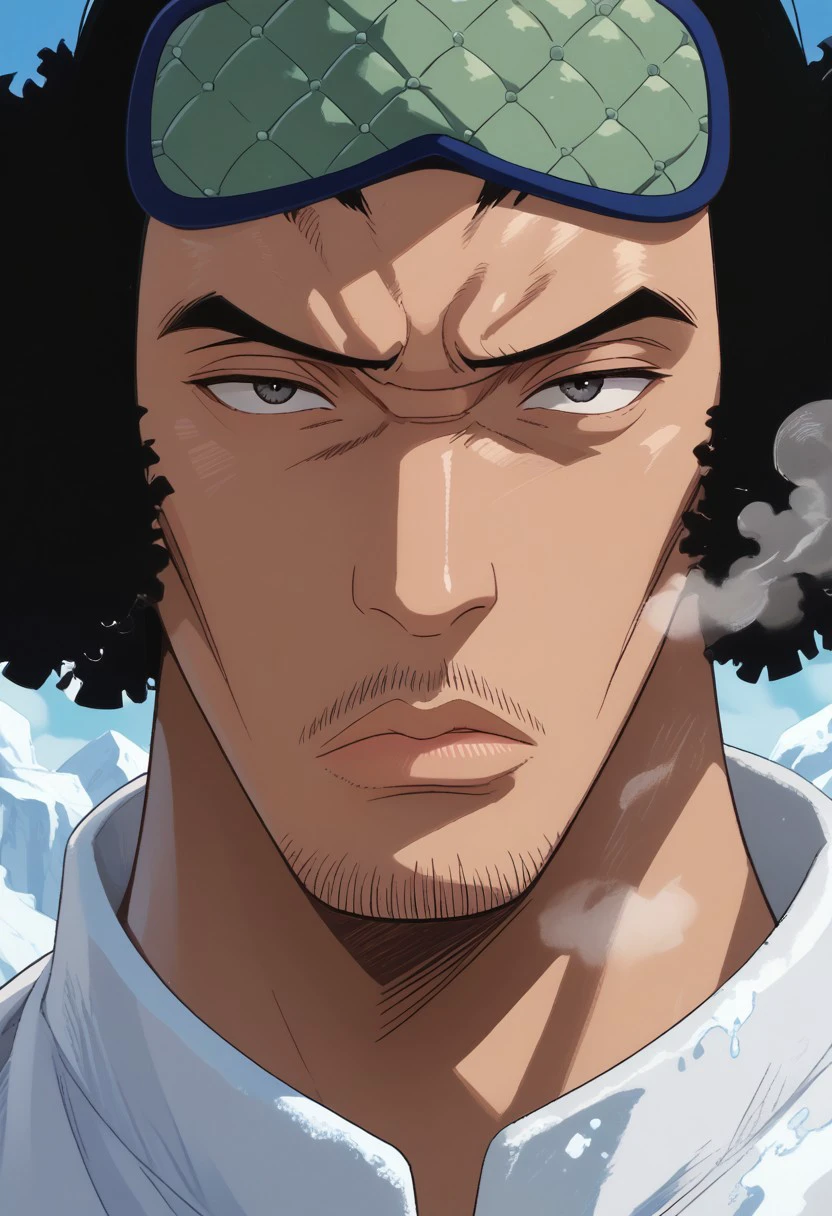 score_9, score_8_up, score_7_up, source_anime, rating_safe, white_Kuzan_ice, KuzanOP, black_Kuzan_eyes, black_Kuzan_hair, black_Kuzan_facial hair, 1boy, male focus, anime screencap, breath, green-blue_Kuzan_sleeping mask on forehead,