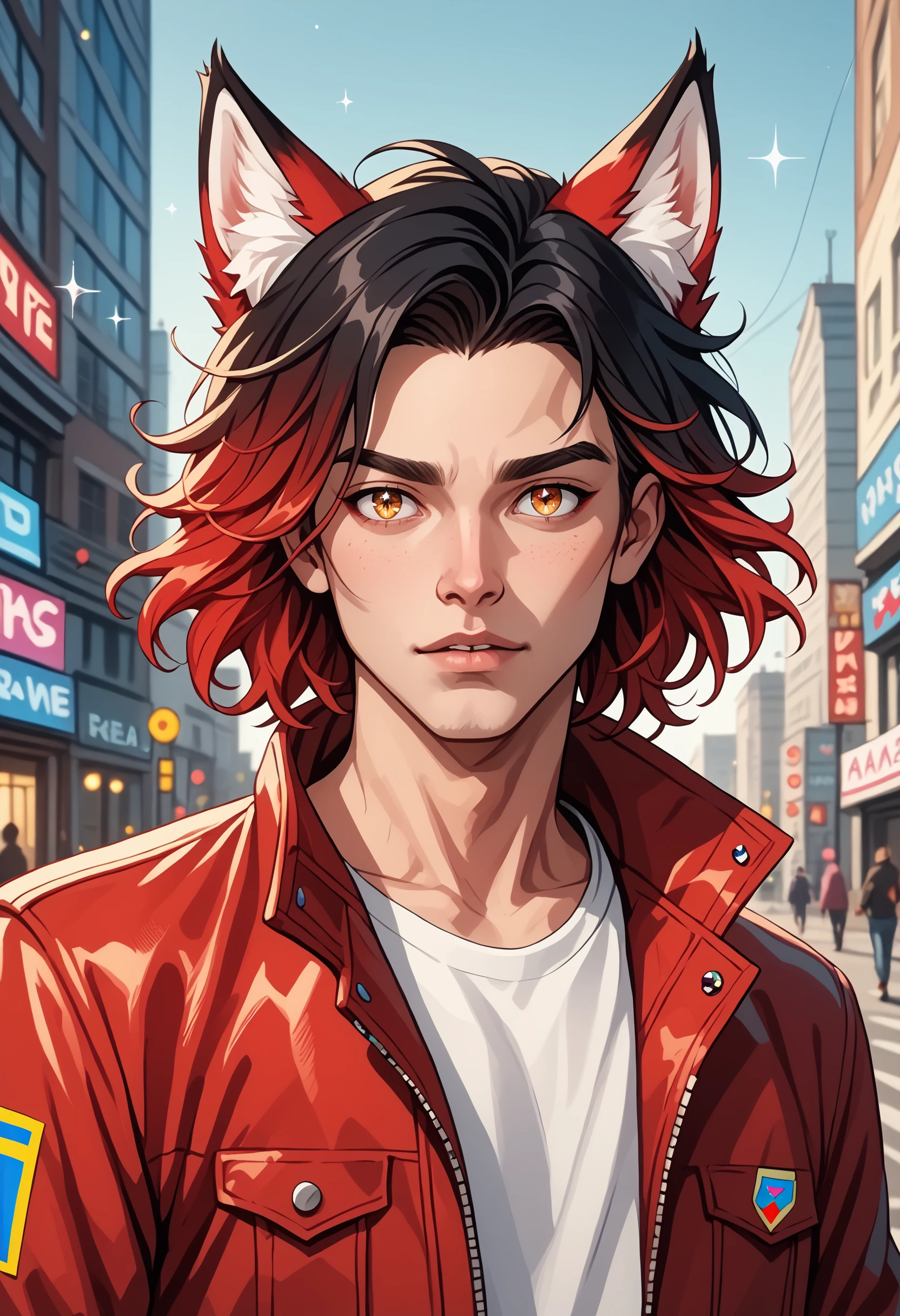 high quality, highres, absurdres, fox man, fox ears, gay pride flag, upper body, red leather jacket, model pose, detailed eyes, detailed hair, tone mapping, specular reflection, masterpiece, best quality, high quality, highres, absurdres, black hair, gradient hair, red hair, sparkles, pride parade, outdoors, city, soft light, extremely detailed, Ultra-HD, BREAK PonyXLV6_Scores