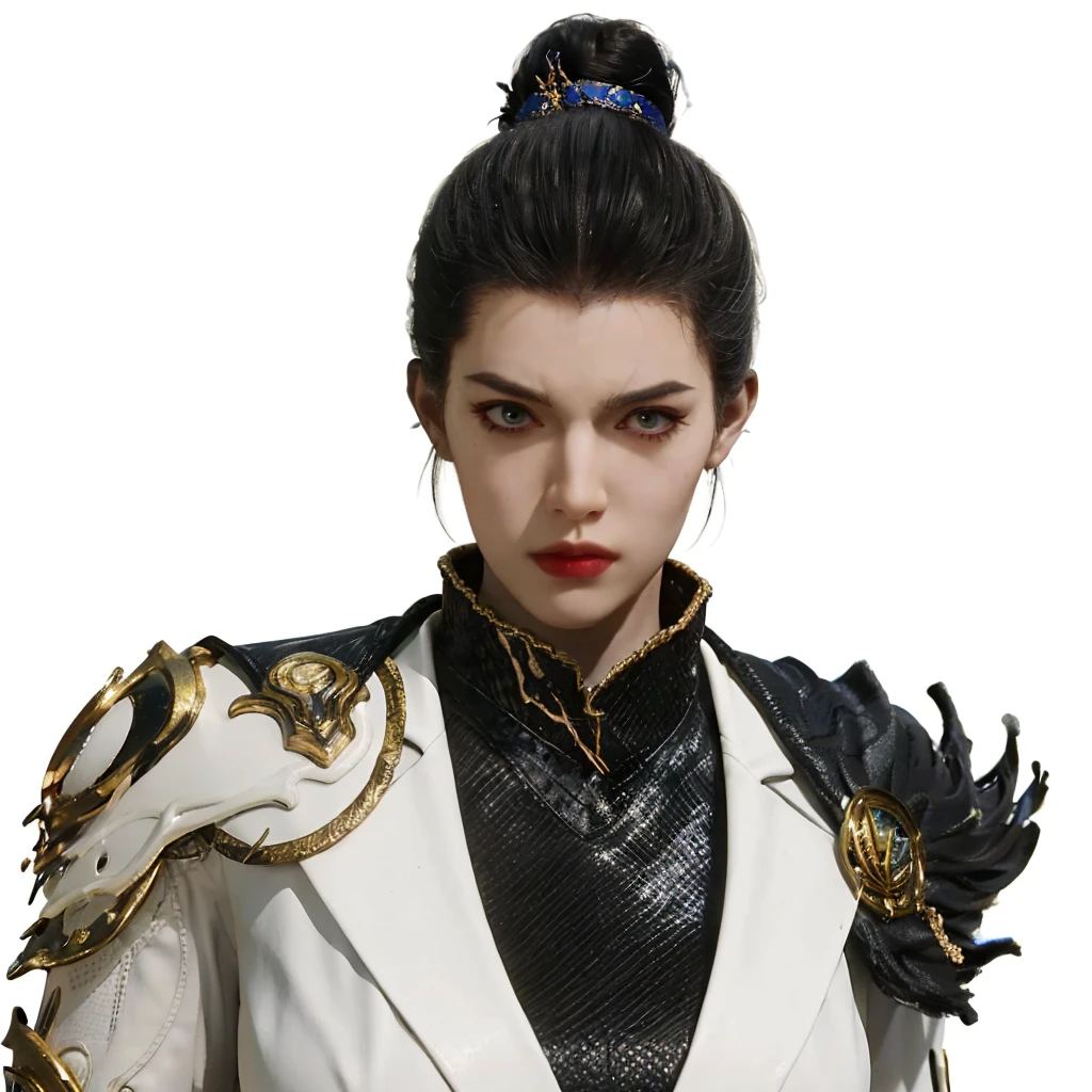 1girl,solo,big eyes,forehead,red lips,serious,angry,black hair,(single hair bun),hair ornament,(armor:1.2),(looking at viewer),(stare),(white background),3d,game cg,(Cinematic Lighting),(skin gloss),(perfect skin),Highly detailed,(ultra-detailed),hatching \(texture\),(8k,best quality,huge filesize,masterpiece:1.5),<lora:斗罗大陆2-仙琳儿:0.65>