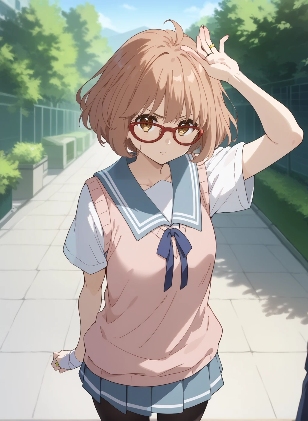 score_9,score_8_up,score_7_up,source_anime,anime,nsfw,rating_explicit,uncensored,High quality,Ultra detailed,best quality,insanely detailed,beautiful,masterpiece,perfect lighting BREAK
<lora:kuriyama_mirai_V1:1>,(kuriyama_mirai, brown hair, brown eyes, short hair, glasses, bob cut, ahoge,school uniform,short sleeves,black pantyhose,blue sailor collar,blue skirt,neck ribbon,pleated skirt,red-framed eyewear,ribbon,sailor collar,ring,serafuku,shoes,bandages,white shirt,sweater vest),1girl,solo,serious,posing,outdoors,looking_at_viewer,solo_focus,from_side,