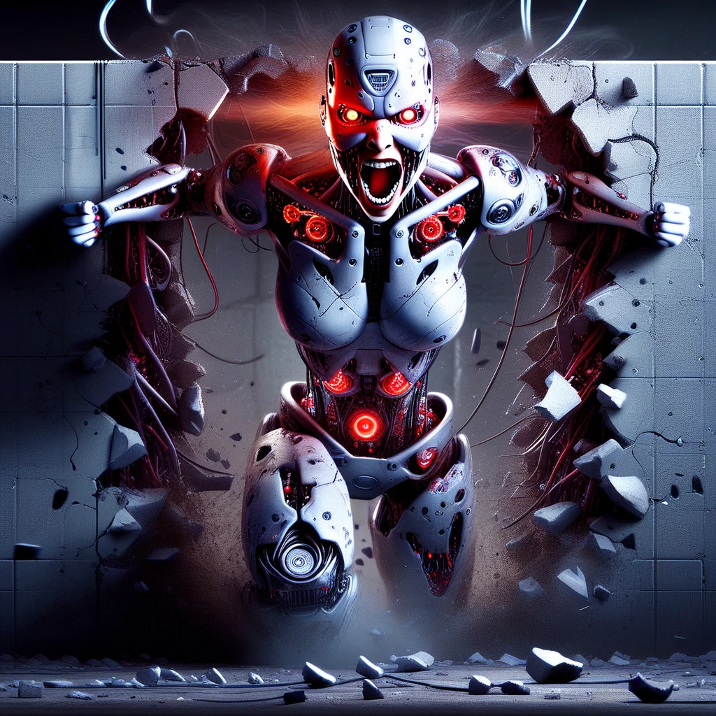 humanoid robot, 1girl, breaking through a concrete wall, robot joints, full body, no humans, mechanical parts, realistic, solo, bald, glowing red eyes, nose, open mouth, teeth, glowing, mechanical arms, mechanical hands, mechanical fingers, clenched fists, mechanical legs, mechanical feet, barefoot, cables, damaged, debris, wires