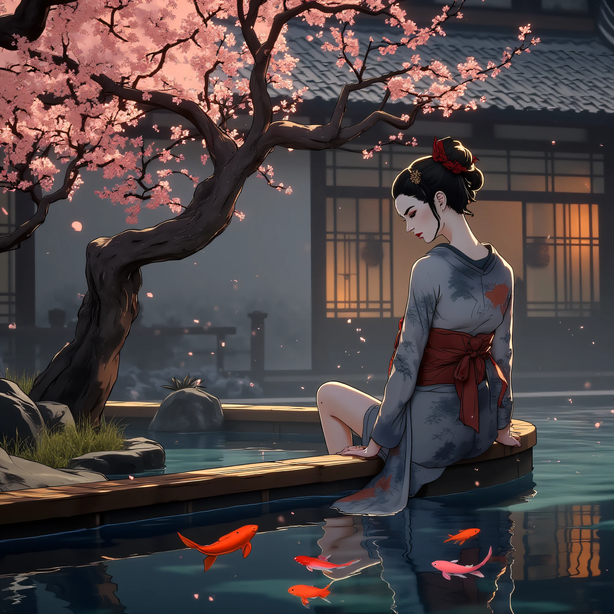 EdoEraAnime, A beautiful geisha sitting by a koi pond in a traditional Japanese garden, surrounded by blooming cherry blossoms. The serene scene is reflected in the water, with koi fish swimming beneath.