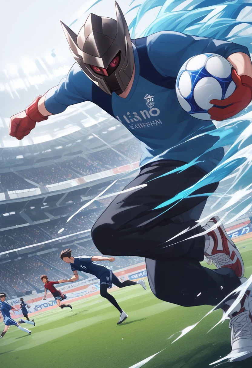 score_9, score_8_up, score_7_up, source_anime, rating_safe, BeldiaKONOSUBA, red_Beldia_eye, black-blue_Beldia_helmet, pokemon (creature), headless male focus, raglan sleeves, soccer player, running, (hands with five fingers), epic wallpaper, from below, dutch angle,