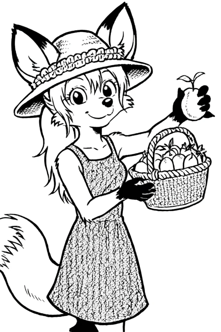 summer dress, summer hat, chamomile field, holding fruit basket, smiling, looking at viewer, 
1girl, solo, dwarf, fox, black eyes, spiked tuft, hair tuft, ponytail, big hair, pointy nose, black nose, black paws, black and white, white background,
<lora:Millie_from_Ozy_and_Millie_90_style:0.9>