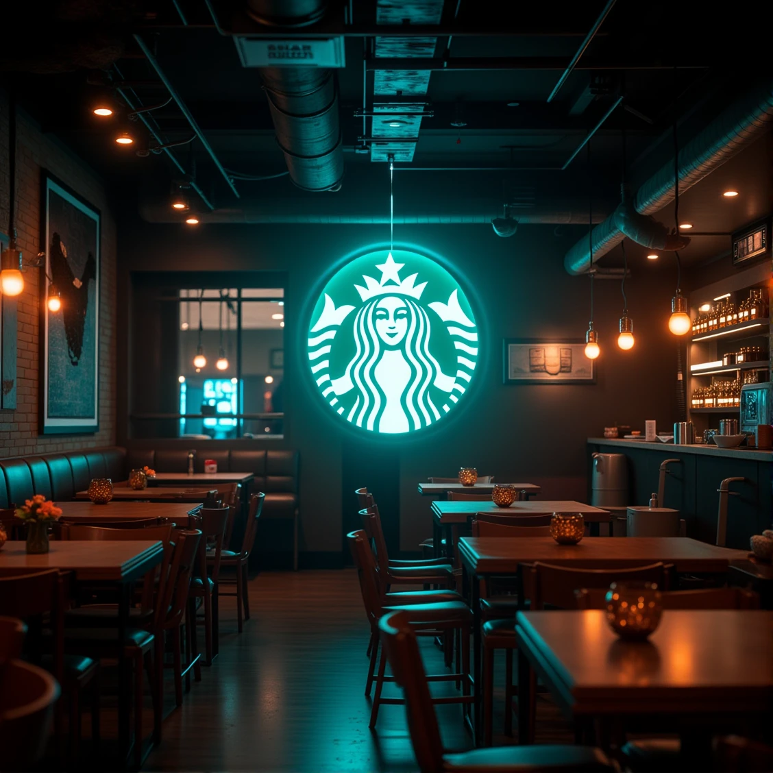 the future cafe space has hologram of starbuck logo floating on ceiling