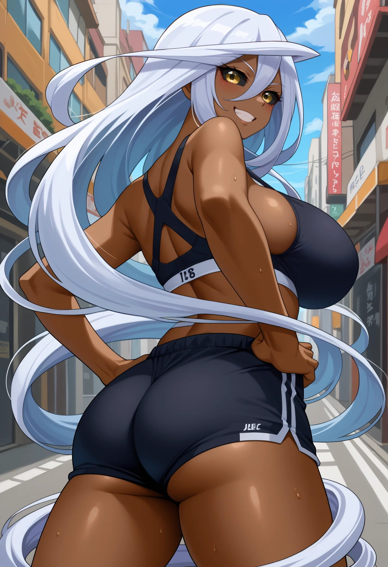 score_9,score_7_up,1girl,jelodppl,huge breasts,dark-skinned female,colored sclera,black sclera,yellow eyes,white hair,ahoge,prehensile hair,hair between eyes,very long hair,city street,from behind,sweat,hands on own hips,sports black bra,black shorts,looking back,seductive smile<segment:yolo-Anzhc Face seg 640 v2 y8n.pt,0.4,0.3//cid=1><segment:yolo-Anzhc Breasts Seg v1 1024m.pt,0.4,0.3//cid=2>