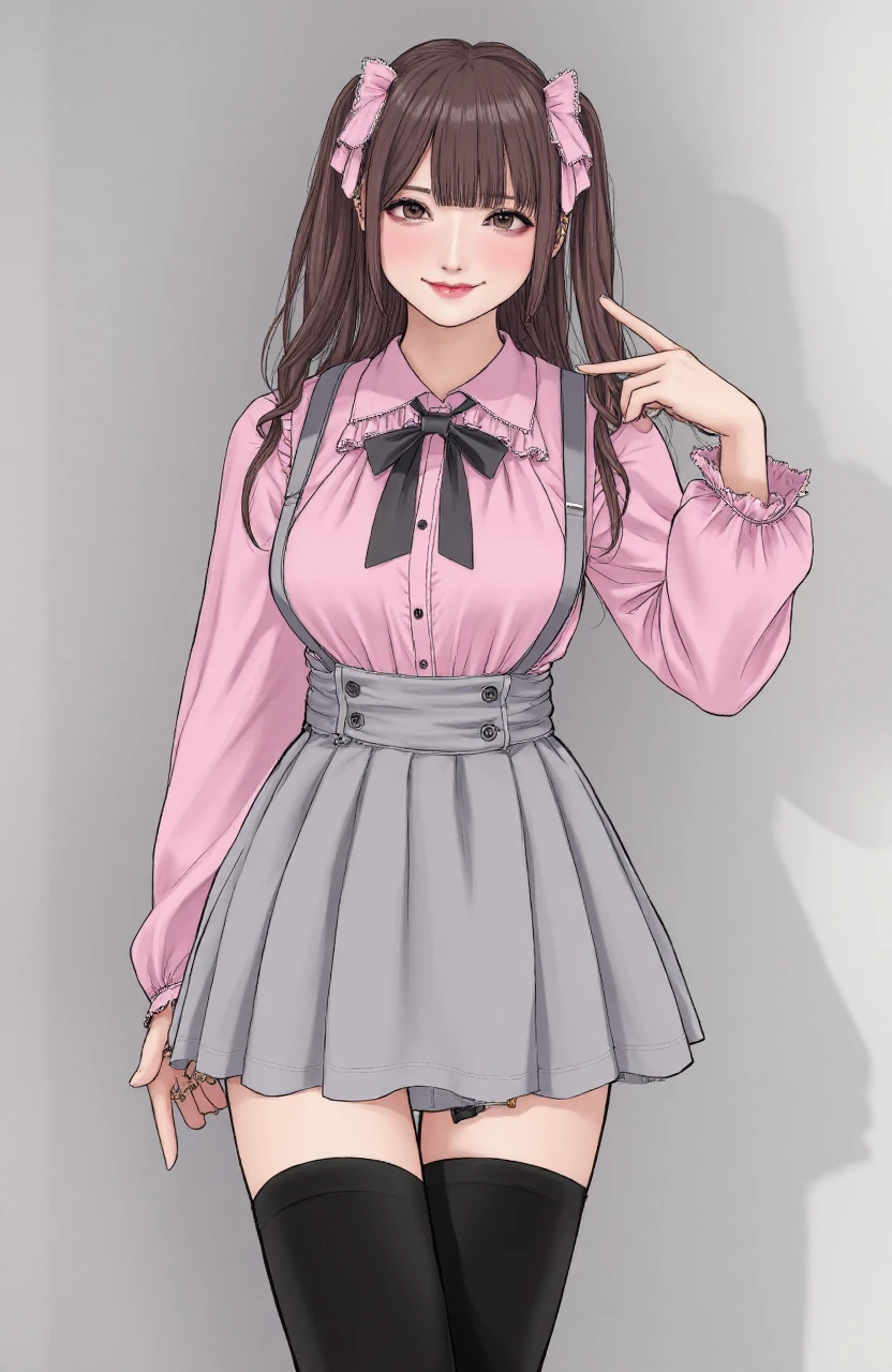 a illustration of a woman,<lora:Jiraikei_Fashion_Flux:1>,Jiraikei_Fashion_Flux,pink blouse with ribbon,grey pleated skirt,black thighhighs,