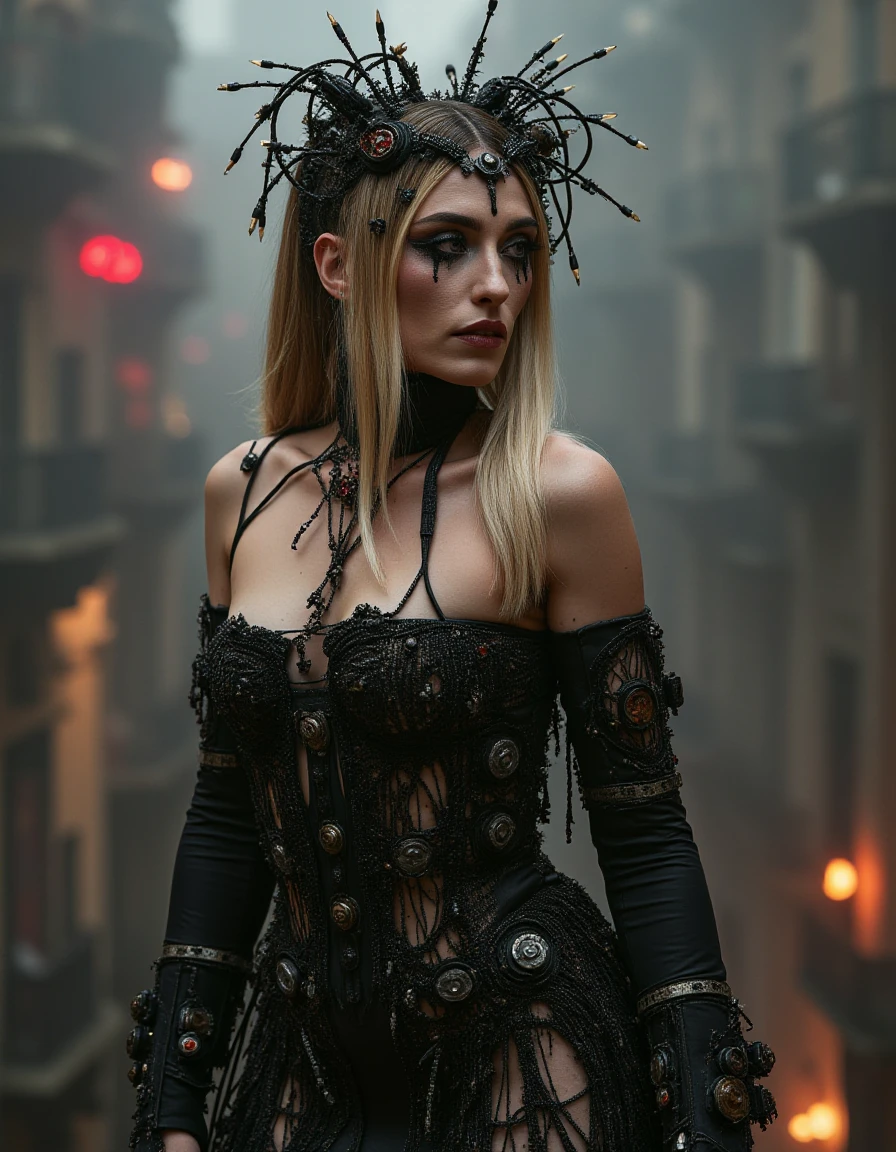 <lora:Mars:1>
MaraSattei with blonde hair, codename "The Duchess of Discord, " stands at the precipice of chaos, her once-royal demeanor twisted by the dark energies that fuel her (cybernetic enhancements).
(Her body is made of circuitry, cables, and metal parts), visible beneath the tattered remains of a bespoke evening gown, its silk threads now frayed and tangled like the very fabric of society she seeks to destroy.
A crown made of scraps sprouts from her forehead, pulsing with an otherworldly power as it amplifies her mental assaults on the city's neural networks.
(Her eyes have been replaced by red optics pupils lens and a black sclera, they emit light and glares), as she contemplates her next move in this dystopian metropolis where corporate oligarchs and rogue AIs vie for power, and The
Duchess of Discord sees only one path forward: complete and utter anarchy. (Her hair is mixed with cables and probes). Black oil drips from her eyes.