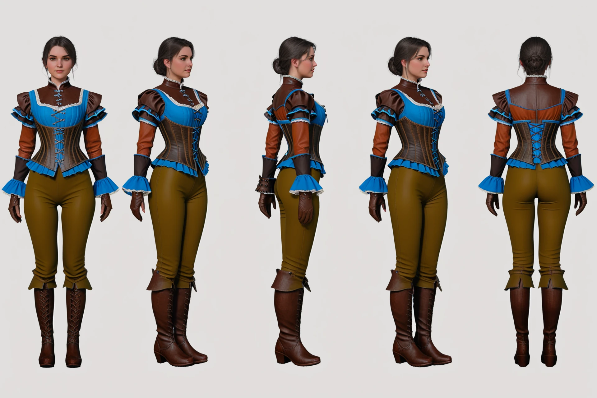 (VIEWS:0),  full body character turnaround of 1girl, Multiple views of the same character in the same outfit,  simple background, white background,
(theme:0),  medieval, fantasy, Dungeon And Dragon,
(rank:0), female character, detailed costume design, embroidered corset, lace detailing, leather gloves, brown leather boots, high collar, patterned blouse, fantasy attire, ornamental accessories, layered clothing, Victorian-era influence, ruffled cuffs and pants,
<lora:bg3TurnXL_v1_pony:0.1>
<lora:Witcher3turn_v1_Pony:0.1>
<lora:medieval2turn_v1_Pony:0.1>
<lora:CharTurnXL_v4_Pony:0.1>
<lora:bg3TurnXL_v1:0.1>
<lora:Witcher3TurnXL_v1:0.6>
<lora:Medieval2TurnXL_v1:0.1>
<lora:CharTurnXLRetag_v4:0.1>