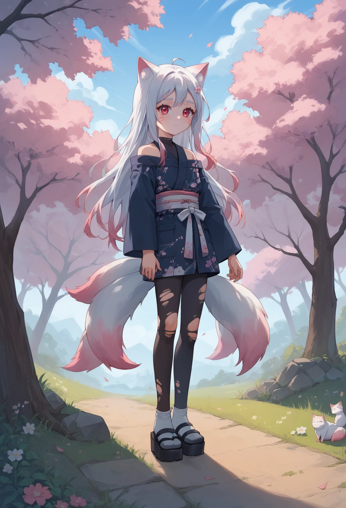 The best quality, Japanese adolescent hatsune miku x kitsune , fox face elongated snout add-detail, Surprise face, sweaty body, heated add_detail,, kitsune warrior in the spring hanami add_detail:1, barefoot add_detail:1 mistycal aura, demon slayer style