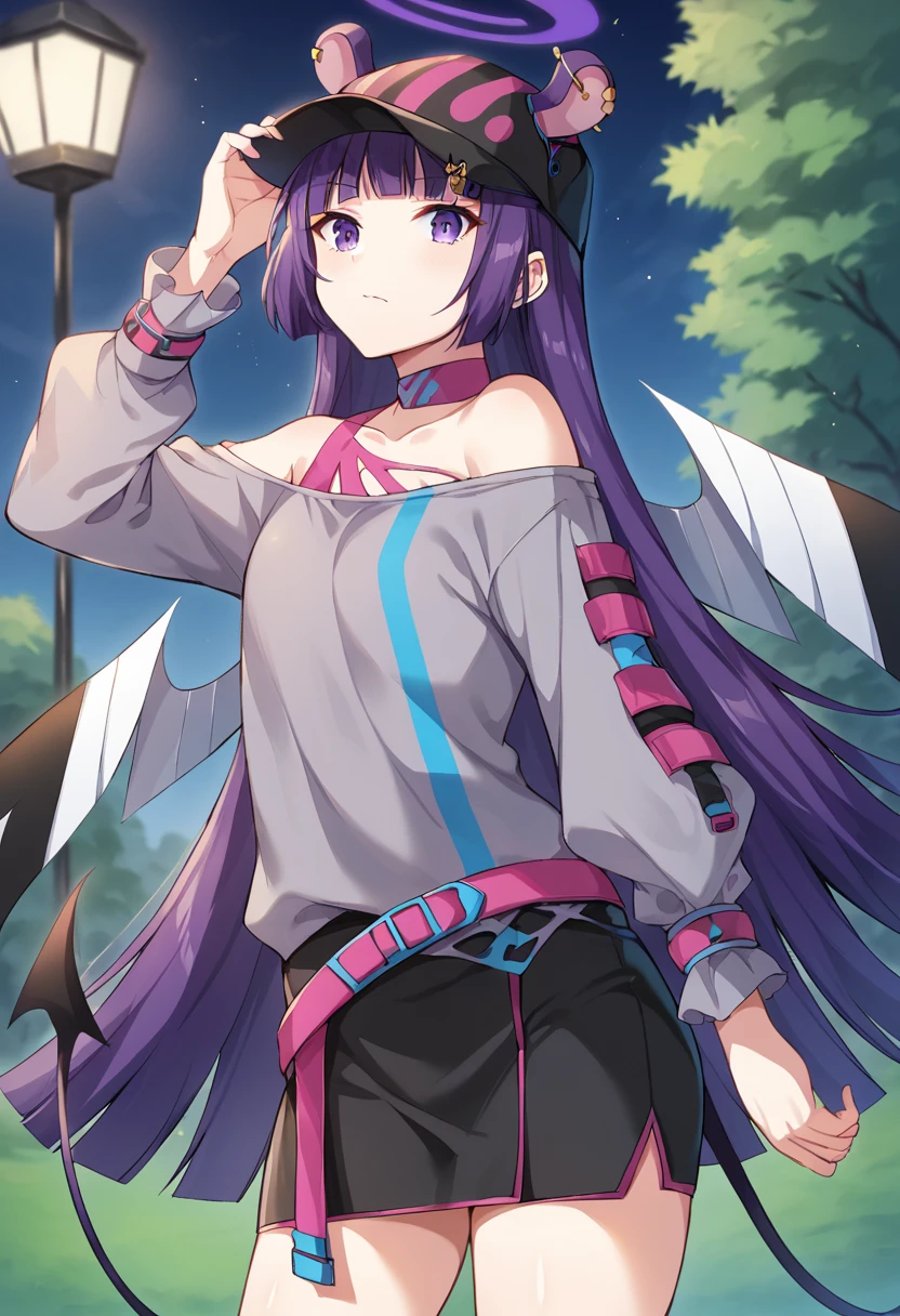 score_9,score_8_up,score_7_up,source_anime,masterpiece,best quality,game cg,1girl,solo,little_girl,shimmakk_(show_by_rock!!),halo,purple eyes,purple hair,long hair,blunt bangs,ear piercing,animal ears,wings,tail,long sleeves,off-shoulder shirt,grey shirt,puffy long sleeves,bare shoulders,black headwear,baseball cap,pink belt,black skirt,collarbone,<lora:shimmakkSB69>,cowboy_shot,looking_at_viewer,park,closed mouth,night,hand on own head,dynamic_angle,