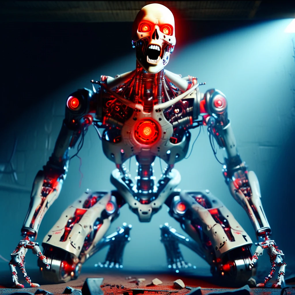 humanoid robot, on one knee, robot joints, full body, mechanical parts, solo, no humans, bald, glowing red eyes, looking away, skull nose, open mouth, teeth, mechanical arms, mechanical hands, open hands, mechanical fingers, mechanical legs, mechanical feet, horror (theme)