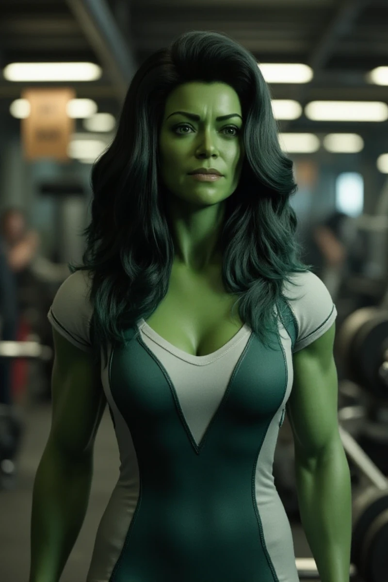 a full body photo of SheHulk,  a woman with green skin and dark hair, She wears a tracksuit and is weightlifting in a gym <lora:She-Hulk:0.8>