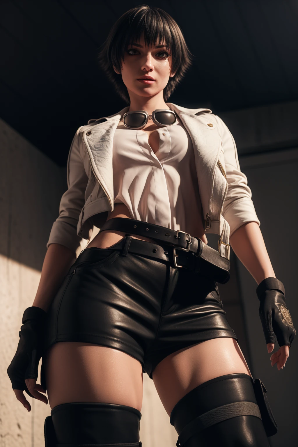 Best_QualityPos, RAW photo, intricate details, best quality, 8k uhd, soft lighting, 1girl, solo, dmc_lady, short hair, black hair, bangs, heterochromia, red eyes, green eyes, goggles, goggles around neck, white shirt, white jacket, long sleeves, sleeves rolled up, gloves, fingerless gloves, black shorts, belt, holster, thighhighs, thigh holster <lora:DMC_Lady:0.6>