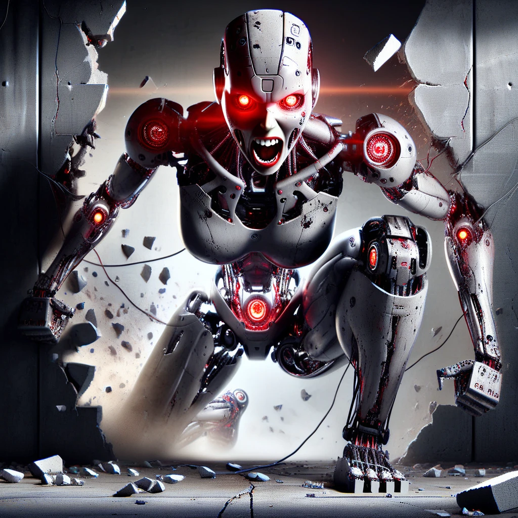 humanoid robot, 1girl, breaking through a concrete wall, robot joints, full body, no humans, mechanical parts, realistic, solo, bald, glowing red eyes, nose, open mouth, teeth, glowing, mechanical arms, mechanical hands, mechanical fingers, clenched fists, mechanical legs, mechanical feet, barefoot, cables, damaged, debris, wires