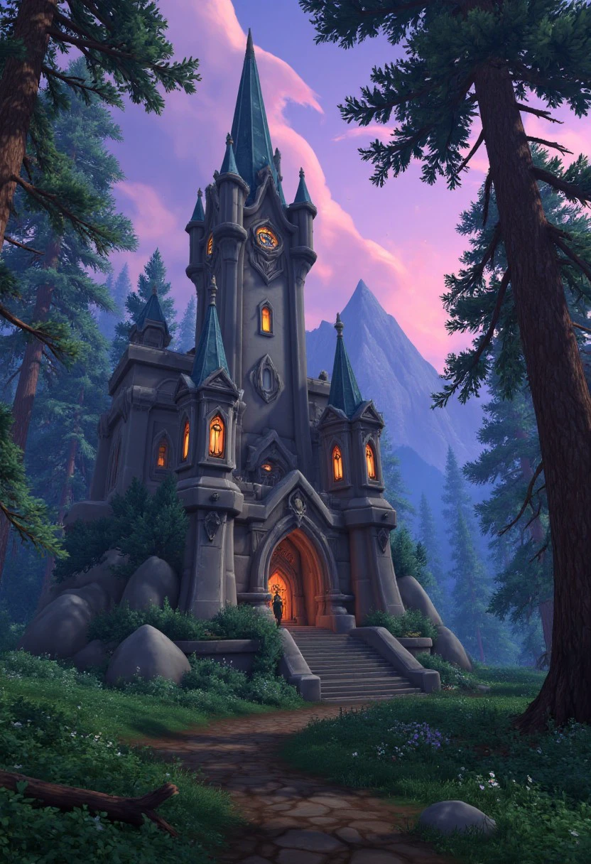 A majestic castle nestled deep within a lush, misty forest surrounded by towering trees under a vibrant twilight sky, world of warcraft