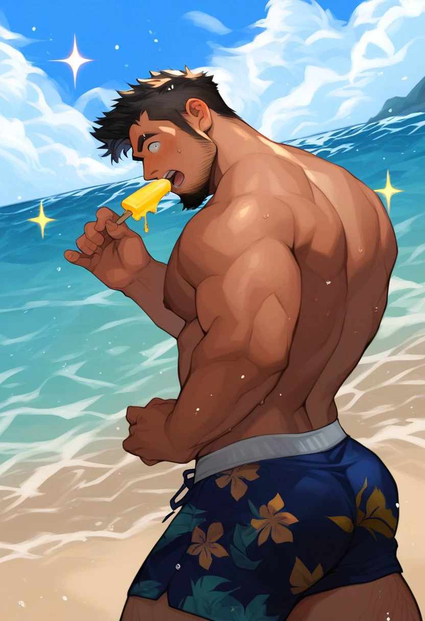 score_9, score_8_up, score_7_up, source_anime, rating_explicit, water, sparkle spray, black hair, short hair, sideburns, facial hair, beard, stubble, 1boy, male focus, Hawaiian open clothes, beach shorts, wide eyed, in water, holding popsicle, outdoor beach, ocean horizon, sea waves, hands with five fingers, shocked,