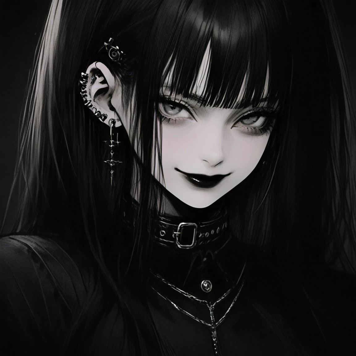 1girl, gothic, black and white, cute face ,dark lipstick, eyeliner, ear piercings, dark clothing, <lora:gothic:1>