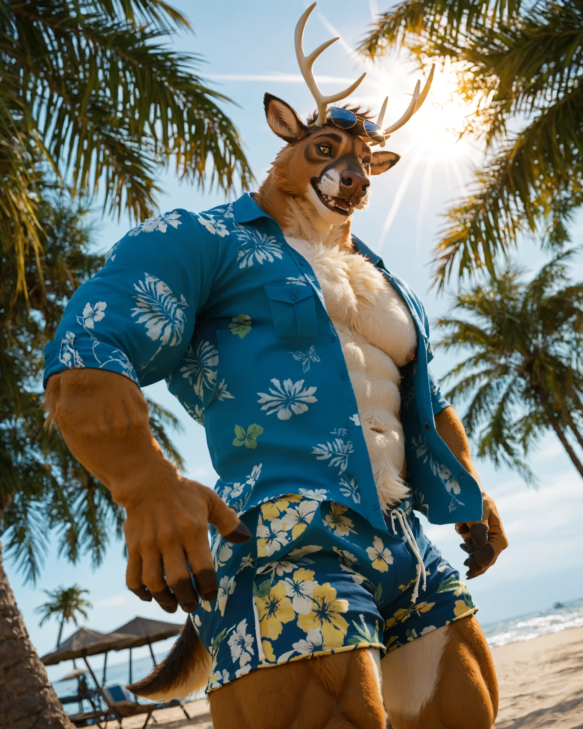 Kurama Naruto,fox,male,adult,alone,4K,best quality,best quality,orange fur,looking at the audience,Topless,not wearing clothes,bare chest,furry tail,muscular,Large pecs,pink nipples,Six-pack abs, anatomically correct,Delicate fur,pride,soft shadow,majestic,High quality eyes,red eyes,black pupils,Sharp eyes,Grandiose,brave,Confident smile,Strong,mature,underwear,beach,coastal,Blue sky and white clouds,