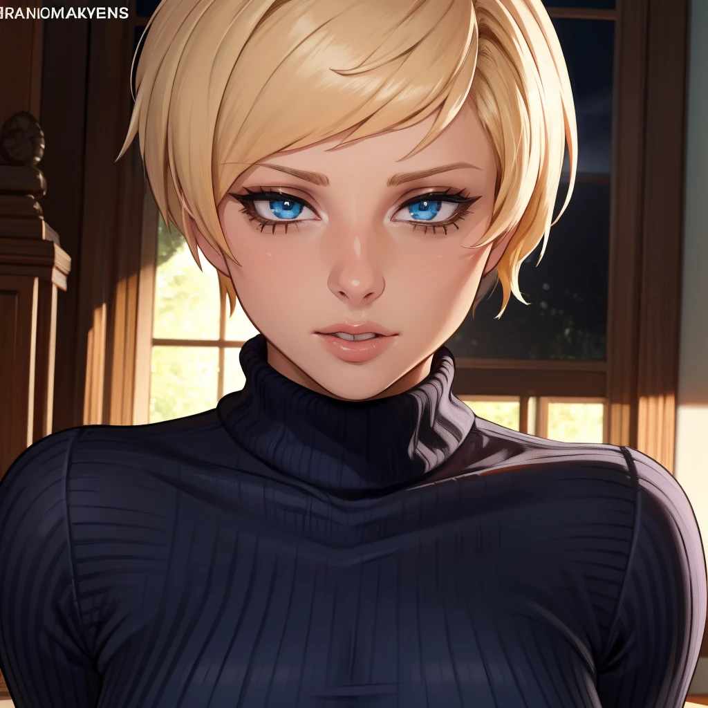 Best_QualityPos, RAW photo, intricate details, best quality, 8k uhd, soft lighting, 1girl, solo, makenna, short hair, blonde hair, blue eyes, black turtleneck sweater <lora:Makenna_Blue:0.7>