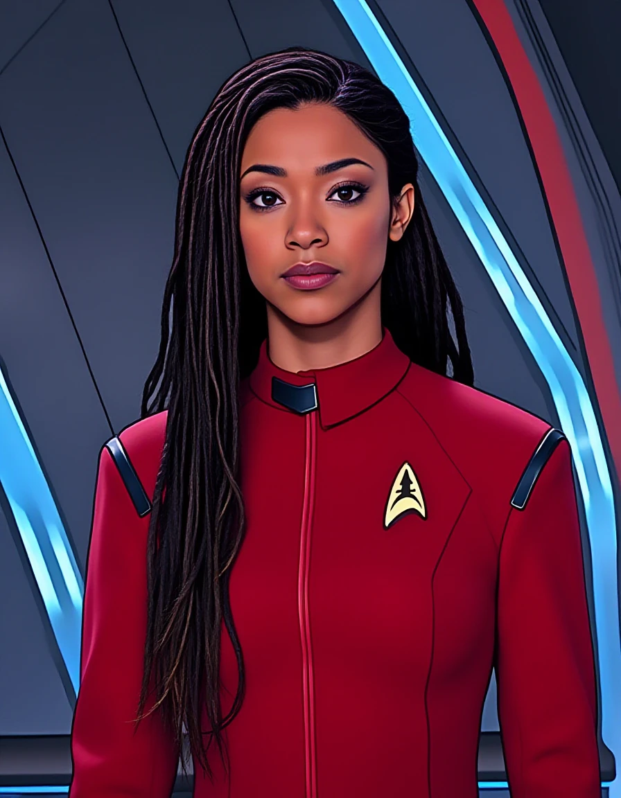 comic comic breathtaking <lora:burnham-flux:1.0> captain, michael, burnham, startrek, discovery, woman, with, shirt, uniform, starfleet red discovery uniform, futuristic background, space-themed imagery,  cartoon, illustration, graphic novela, graphic illustration, comic art, graphic novel art, vibrant, highly detailed . graphic illustration, comic art, graphic novel art, vibrant, highly detailed