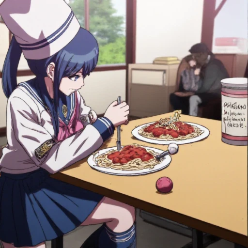 <lora:Sayaka_Maizono:1.3> Sayaka Maizono wearing her uniform from Danganronpa 1, and sitting at a table in the Hope's Peak cafeteria.. Sayaka has a blue skirt and her legwear consists of navy thigh-high socks, the edges striped with a white line, and dark brown Mary Janes with silver buckles. Her school crest is printed in gold on her collar flap and her left sleeve. Sayaka is looking down at her plate and giving an evil grin. Sayaka's sitting in front of a plate of spaghetti and meatballs that has a knife sticking up in the middle. Sayaka has a big white chef's hat on, a toque blanche. On the opposite side of the table is another plate of spaghetti. A container is next to it with the word poison scratched out and the word parmesan cheese written in marker. A baseball and baseball bat is sitting on the table next to the container. The image is a screencap from the anime Danganronpa: The Animation. The lighting is bright with the sun shining down from a window.