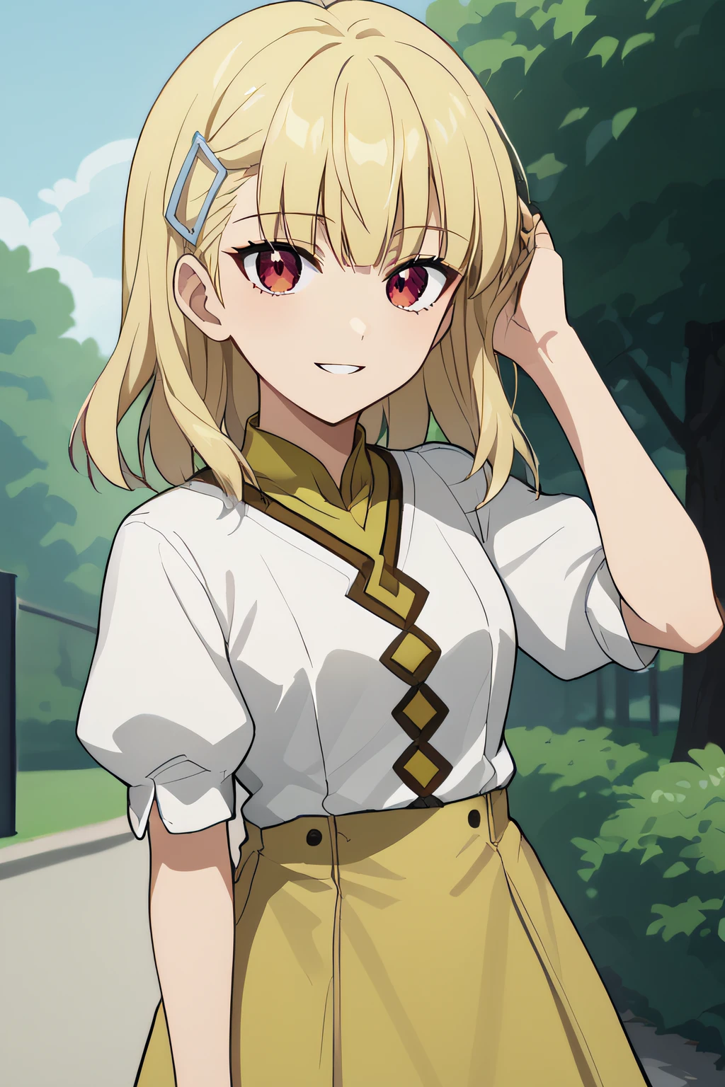 score_9, score_8_up, score_7_up, source_anime, rating_safe, intricate details, anime screencap, official style, 1girl, <lora:PONY_RFRosetta:1>, rosetta, blonde hair, medium hair, hairclip, white shirt, yellow undershirt, short sleeves, puffy sleeves, yellow skirt, red eyes, looking at viewer, standing, outdoor, smile, cowboy shot, parted lips, hand on hair