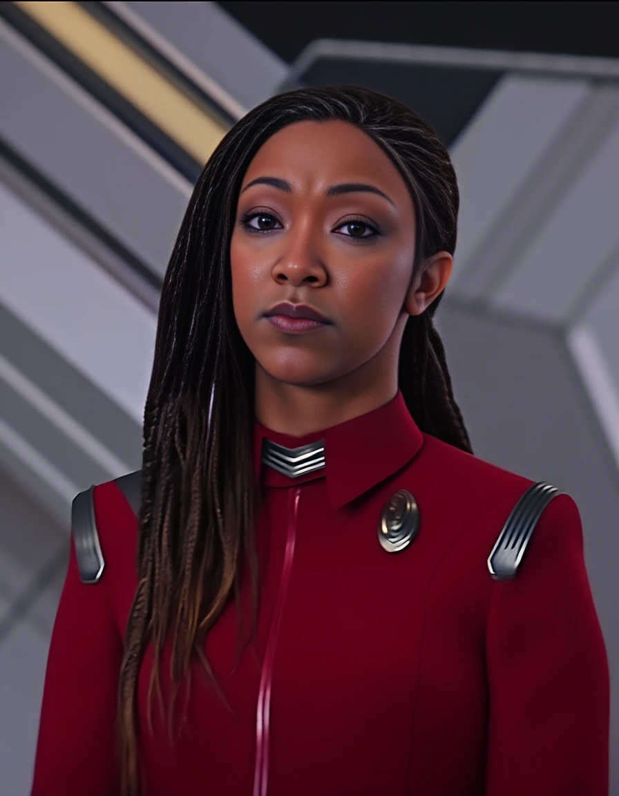 long shot scenic professional photograph of  <lora:burnham-flux:1.5> captain, michael, burnham, startrek, discovery, woman, with, shirt, uniform, starfleet red discovery uniform, futuristic background, space-themed imagery, perfect viewpoint, highly detailed, wide-angle lens, hyper realistic, with dramatic sky, polarizing filter, natural lighting, vivid colors, everything in sharp focus, HDR, UHD, 64K, detailed skin texture, (blush:0.5), (goosebumps:0.5), subsurface scattering