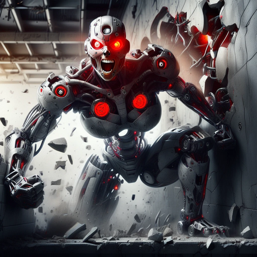 humanoid robot, 1girl, breaking through a concrete wall, robot joints, full body, no humans, mechanical parts, realistic, solo, bald, glowing red eyes, nose, open mouth, teeth, glowing, mechanical arms, mechanical hands, mechanical fingers, clenched fists, mechanical legs, mechanical feet, barefoot, cables, damaged, debris, wires