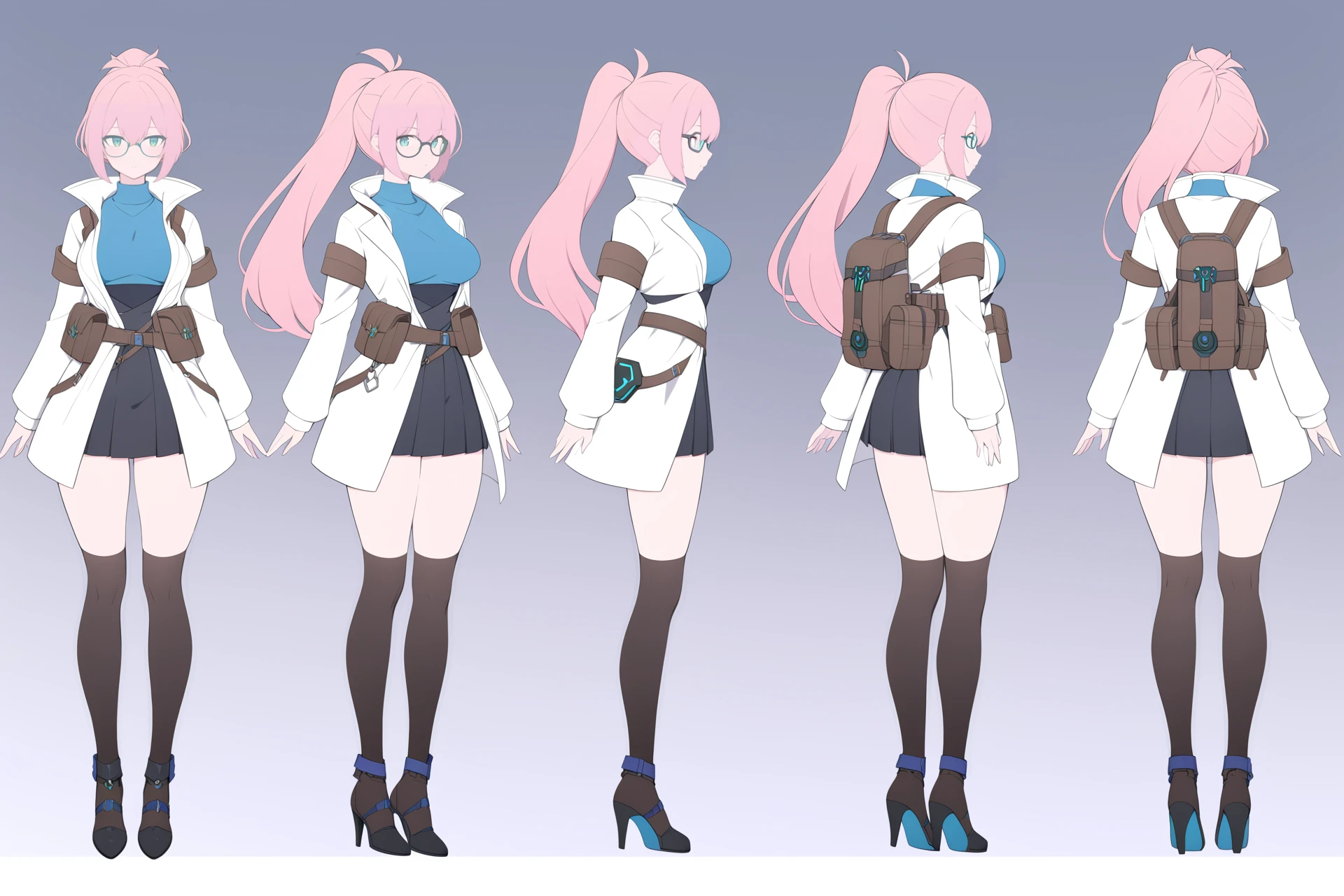 (VIEWS:0),  full body character turnaround of 1girl, Multiple views of the same character in the same outfit,  simple background, white background,
(theme:0),  medieval, fantasy, Dungeon And Dragon,
anime character, female, pink hair, ponytail, white coat, blue top, black skirt, stockings, high heels, glasses, futuristic, utility belt, vials, sci-fi, cyberpunk, mechanical backpack, accessories, detailed,
<lora:bg3TurnXL_v1_pony:0.1>
<lora:Witcher3turn_v1_Pony:0.1>
<lora:medieval2turn_v1_Pony:0.1>
<lora:CharTurnXL_v4_Pony:0.1>
<lora:bg3TurnXL_v1:0.1>
<lora:Witcher3TurnXL_v1:0.1>
<lora:Medieval2TurnXL_v1:0.1>
<lora:CharTurnXLRetag_v4:0.6>