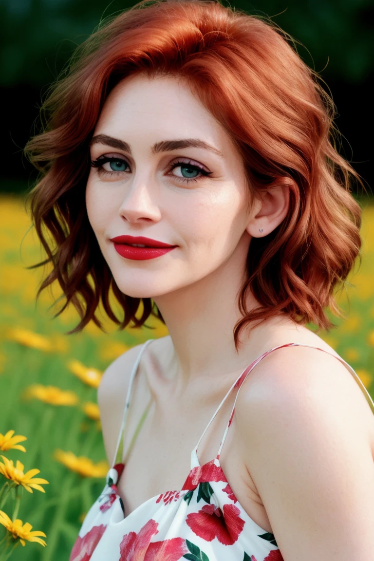 juliarob, , ((detailed eyes, detailed face):1.2),  ((red lipstick, eye shadow, eyeliner, blush, pale skin)), ,photo of a woman, RAW, close portrait photo, ((beautiful floral print sundress)),((short hair, pixie cut)), ((outdoors, gorgeous meadow, walking)),  8k uhd, dslr, soft lighting, high quality, film grain, Fujifilm XT3 sharp focus, f 5.6,, slight smile, ((detailed eyes, beautiful eyes, detailed face, beautiful face)),