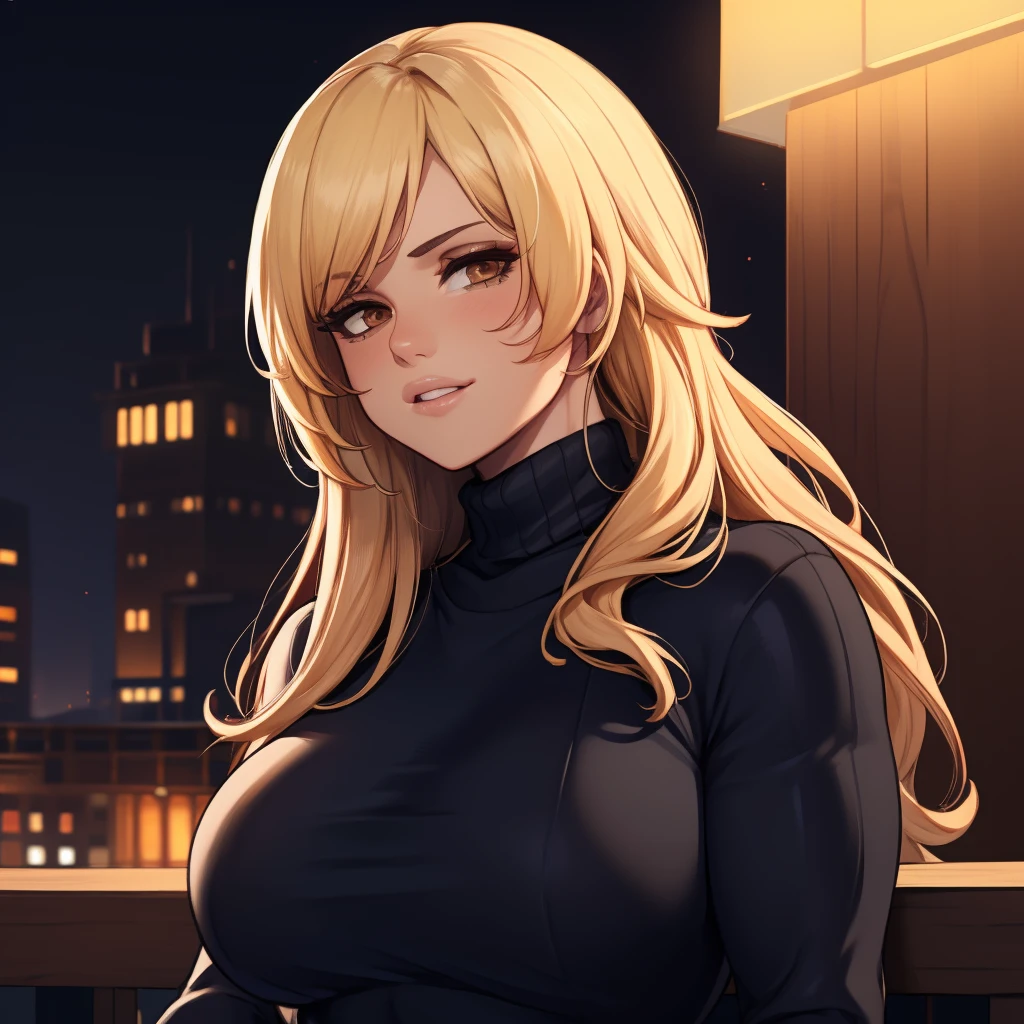 Best_QualityPos, RAW photo, intricate details, best quality, 8k uhd, soft lighting, 1girl, solo, kaitlyn, long hair, blonde hair, brown eyes, black turtleneck sweater, long sleeves, toned  <lora:Kaitlyn:0.7>