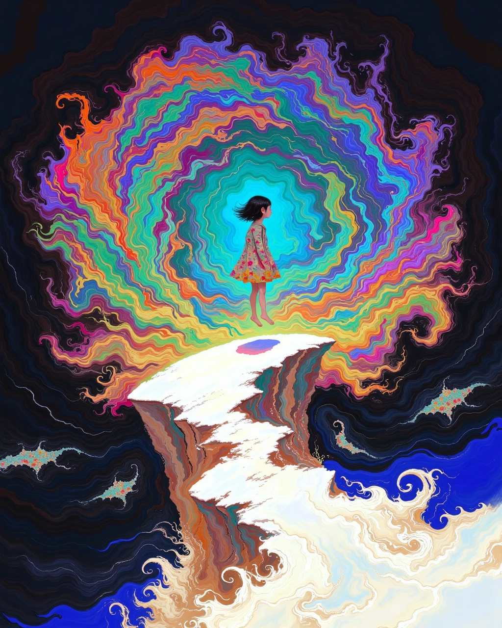 DB4RZ style painting, girl floating above the edge of a white cliff, colorful swirling patterns in the background, dark surrounding edges