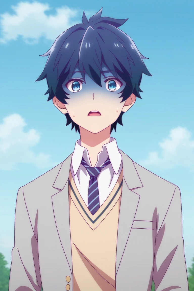 score_9, score_8_up, score_7_up, score_6_up, masterpiece, best quality, amazing quality, best aesthetic, absurdres, intricate details, asahi kashiwagi, blue hair, blue eyes, 1boy, male focus, solo, sky, necktie, cloud, shaded face, school uniform, day, sweatdrop, shirt, open mouth, collared shirt, blue sky, sweat, white shirt, parody, turn pale, jacket