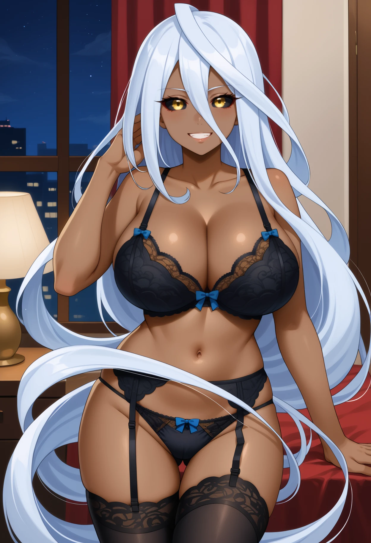 score_9,score_7_up,1girl,jelodppl,solo,huge breasts,dark-skinned female,colored sclera,black sclera,yellow eyes,white hair,ahoge,prehensile hair,hair between eyes,very long hair,indoors,night,lace-trimmed black bra,garter belt,lace-trimmed black panties,bow panties,bow bra,garter belt,lace-trimmed black thighhighs,looking at viewer,smile<segment:yolo-Anzhc Face seg 640 v2 y8n.pt,0.4,0.3//cid=1><segment:yolo-Anzhc Breasts Seg v1 1024m.pt,0.4,0.3//cid=2>