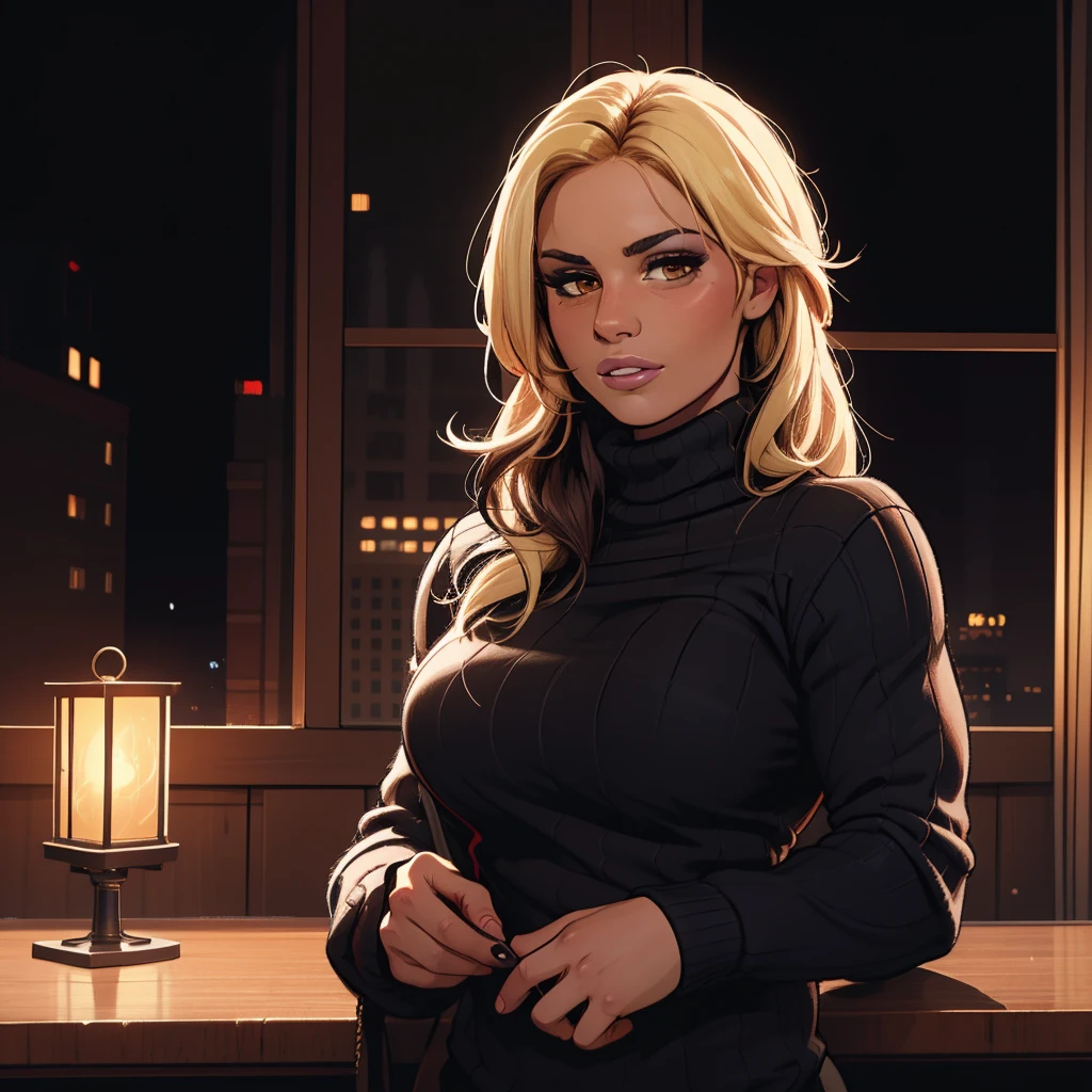 Best_QualityPos, RAW photo, intricate details, best quality, 8k uhd, soft lighting, 1girl, solo, kaitlyn, long hair, blonde hair, brown eyes, black turtleneck sweater, long sleeves, toned <lora:Kaitlyn:0.7>