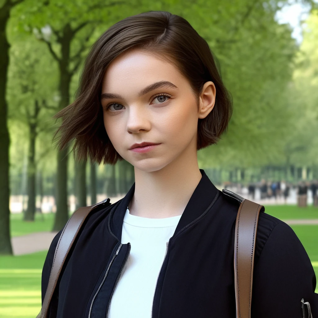 emma, (best quality, masterpiece:1.3), realistic, 1girl, solo, cute, beautiful, (looking at viewer:1.2), beautiful expression, (upper body:1.2), portrait, (straight on), outdoors, in the park, (closed mouth:1.3), white shirt with black jacket, short hair, brown hair, medium breast, detailed face, detailed eyes, detailed iris, lips, looks natural, highres