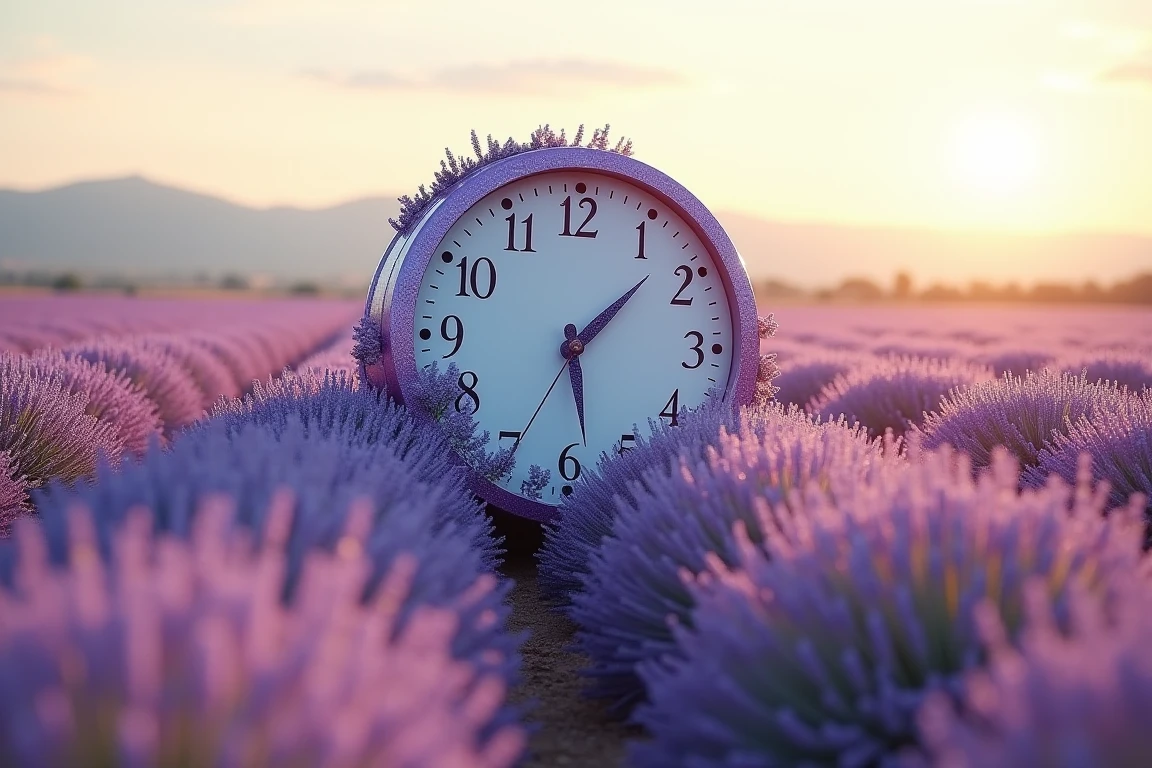 A surreal image featuring a giant clock in the middle of a lavender field, melting in a Geopressionist style. The clock appears to be partially submerged and blending with the lavender, creating a dreamlike effect. The scene is illuminated by warm, diffused sunlight, enhancing the vibrant purple hues of the lavender. The composition focuses on the clock's distorted, melting form, set against the expansive, tranquil field.