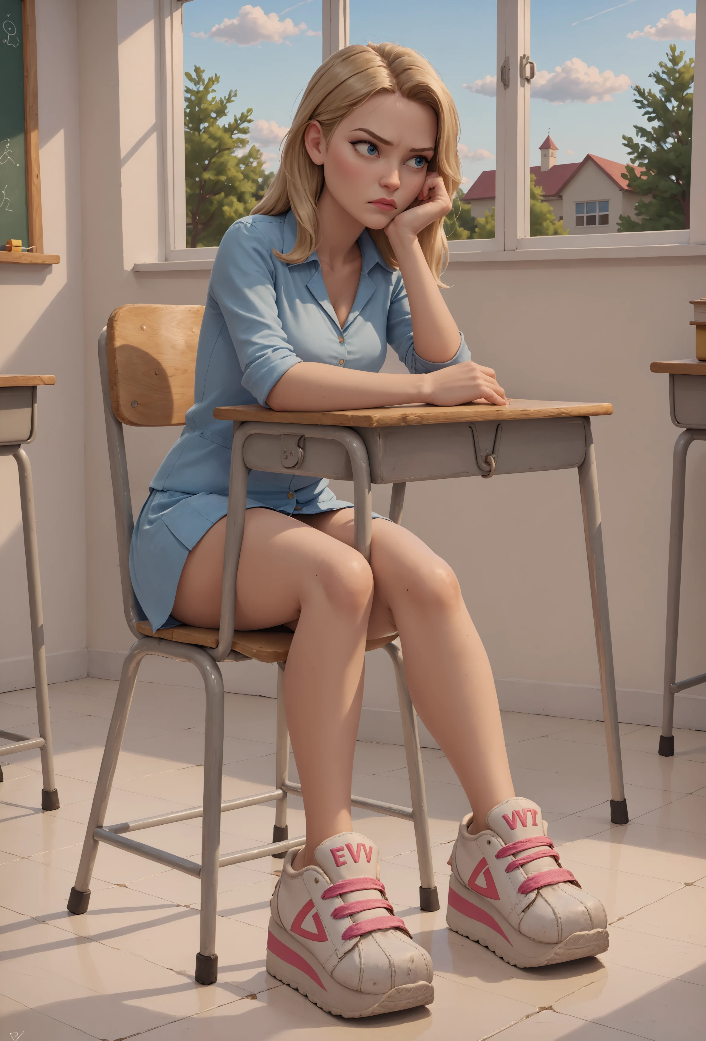 1girl, age18, blonde hair, 
medium breasts,
full body,
school classroom, desk, sitting in chair,
chin on hand, staring out window,
bored, uninterested, disgusted, pouting, looking away, visible sigh,
feet, shoes, white footwear, platform footwear, (wearing v0latile_r3volution sneakers), 
color grading,