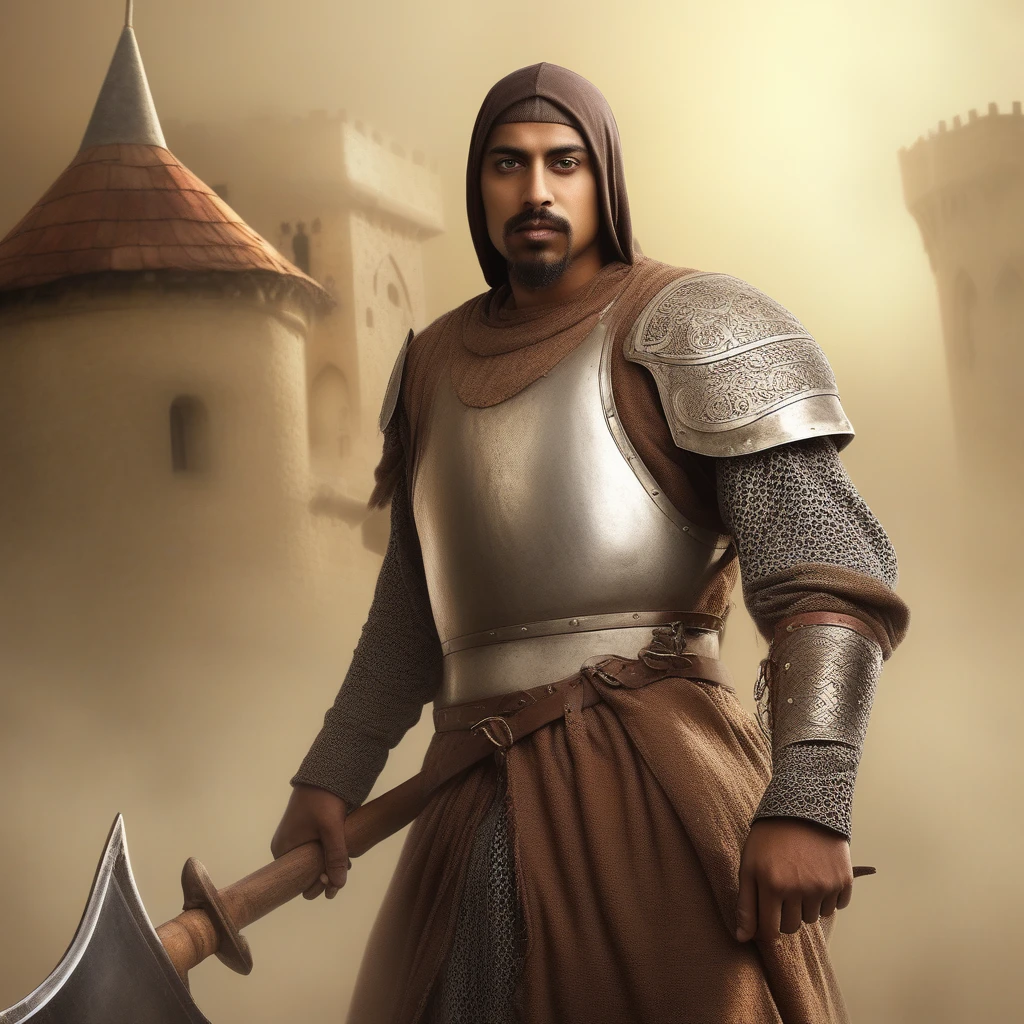 an arab male with brown skin and goatee, serious facial expression, he is wearing a medieval armor, he is holding an axe with one hand, mid afternoon ambient, detailed medieval background, fog, dynamic light, masterpiece, great composition, detailed, detailed background