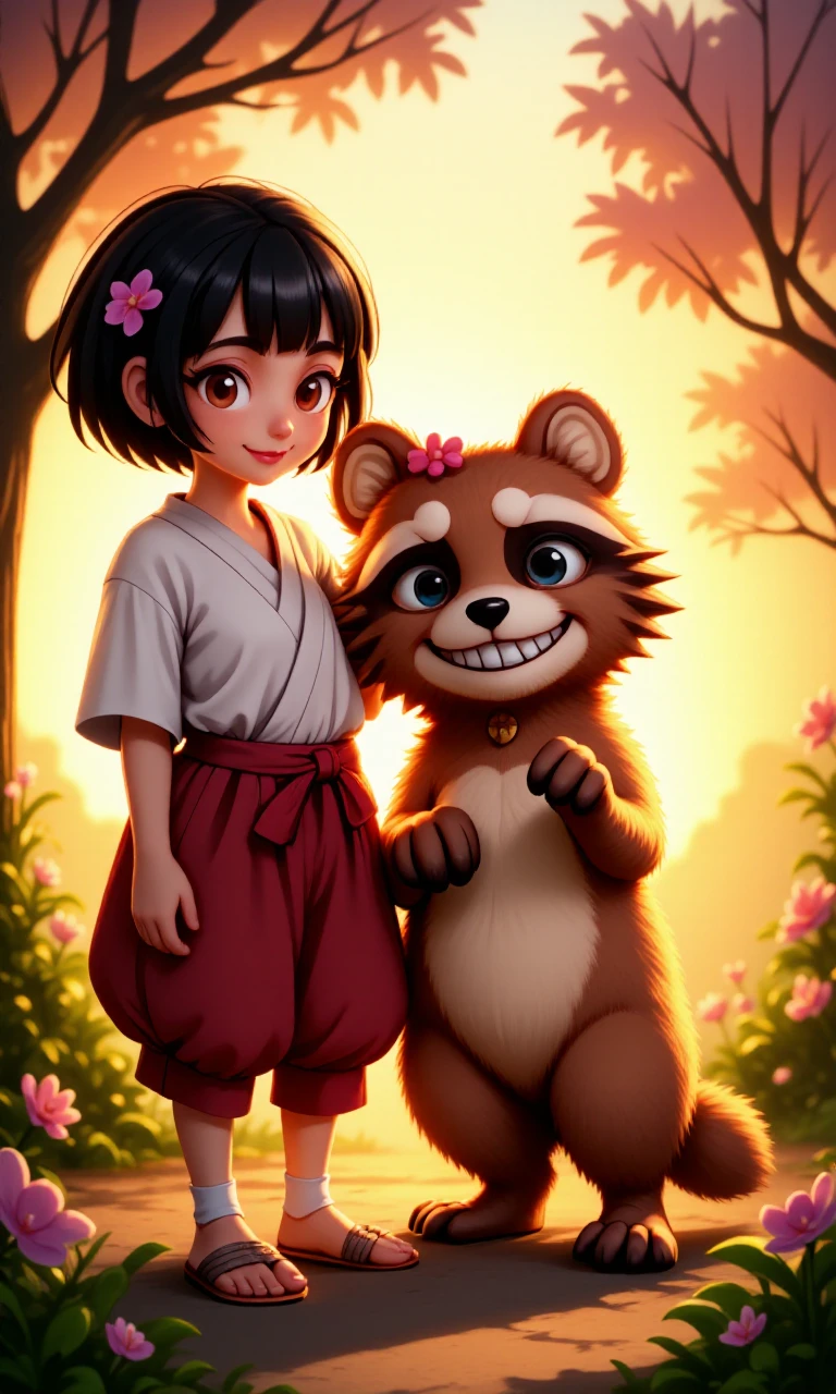 HDR photo of <lora:Pocky_and_Rocky_-_SNES_-_Characters:0.9>PockySNES_and_RockySNES, 1girl, 1raccoon_dog, black hair, brown fur, white robe, baggy red pants, sandals, feet, socks, Standing side by side in a peaceful, dappled sunlight, sunset, warm, sunlit clearing, both looking directly at the viewer with warm, welcoming smiles. PockySNES holds her gohei at her side, her other hand gently resting on RockySNES's head as he grins playfully, one paw raised in a friendly wave. The background is filled with blooming flowers and softly swaying trees, capturing the serene and joyful bond between the two companions, Idyllic, highly detailed, volumetric, dramatic lighting, professional 3d model, cinematic lighting, fine character details, . High dynamic range, vivid, rich details, clear shadows and highlights, realistic, intense, enhanced contrast, highly detailed, Idyllic, highly detailed, volumetric, dramatic lighting, professional 3d model, cinematic lighting, fine character details, <lora:Flux 1D - Nectarine Nymphs V1 - Epoch 5:1.0> big eyes, 1girl, pinup, female focus, peaceful, happy, pleasant, harmonious, picturesque, charming,