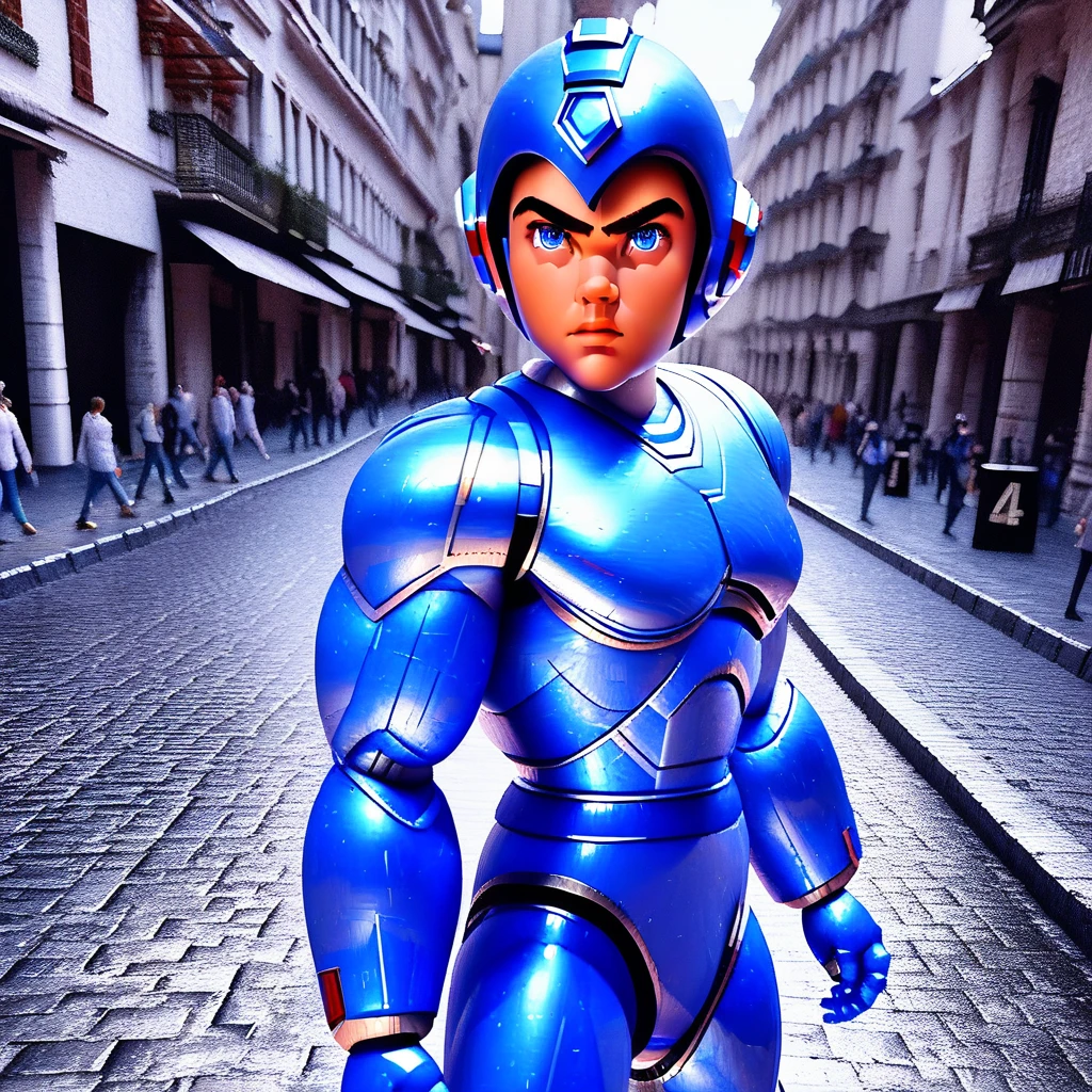 megaman, standing on a street, street level, blue robot, 3d++, smooth, high details, masterpiece, 4k, (handsome teen face), (realistic face:1.5), (high detailed face:1.5), (high detailed eyes:1.5), (serious), (focused)