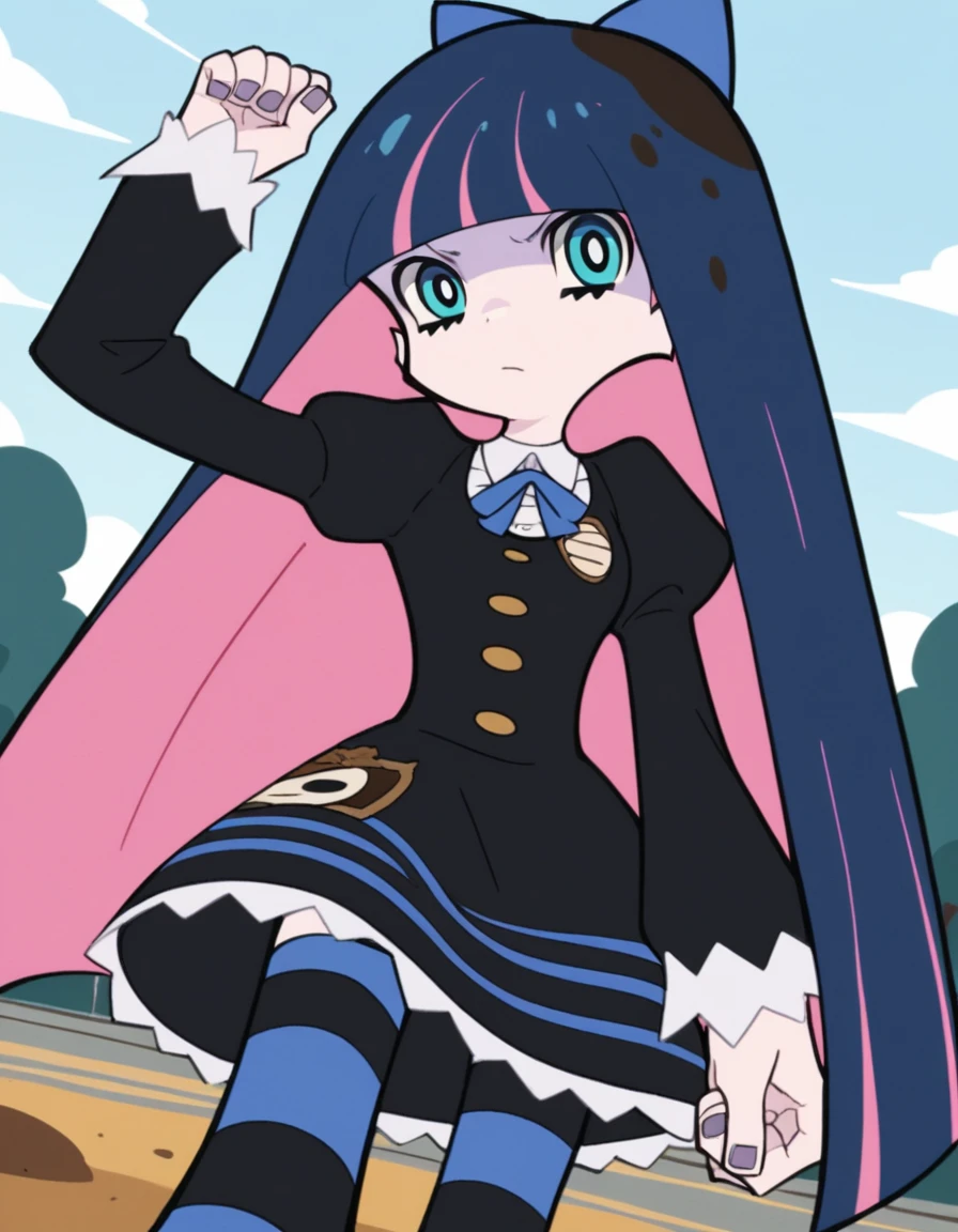 score_9, score_8_up, score_7_up, source_anime, <lora:stocking-anarchy-anime-ponyxl-lora-nochekaiser:1>, stocking anarchy, blue eyes, blue hair, colored inner hair, hair bow, long hair, multicolored hair, pink hair, two-tone hair, bangs, blunt bangs,, striped, striped thighhighs, thighhighs, dress, black dress, puffy sleeves, long sleeves, skirt, shirt, collared shirt, white shirt,, bike ride, countryside, dirt road, trees, afternoon sun, peaceful, alone, , looking at viewer, arm up, foot crossed over, hand clenched, solo,, cowboy shot, dutch angle