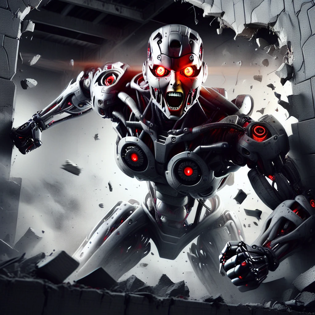 humanoid robot, 1girl, breaking through a concrete wall, robot joints, full body, no humans, mechanical parts, realistic, solo, bald, glowing red eyes, nose, open mouth, teeth, glowing, mechanical arms, mechanical hands, mechanical fingers, clenched fists, mechanical legs, mechanical feet, barefoot, cables, damaged, debris, wires