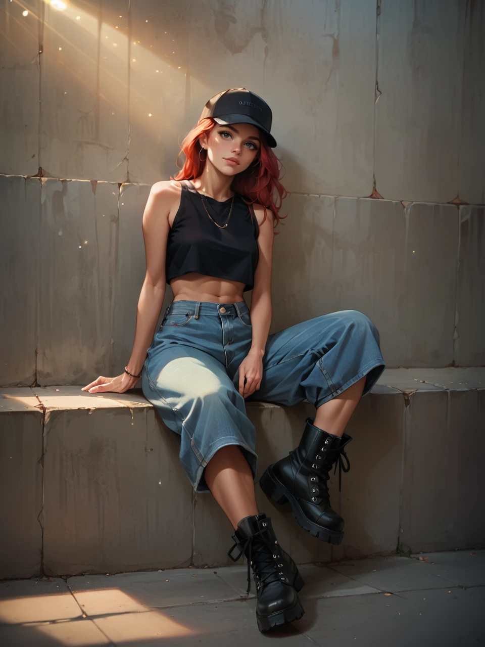 score_9, score_8_up, score_7_up, score_6_up, cartoon, girl, red hair, black eyes, 8466y5h0r75, oversized shorts, denim shorts, black cap, crop-top, against cement wall, sitting, black boots, highly detailed, bokeh, cinematic lighting, aesthetic