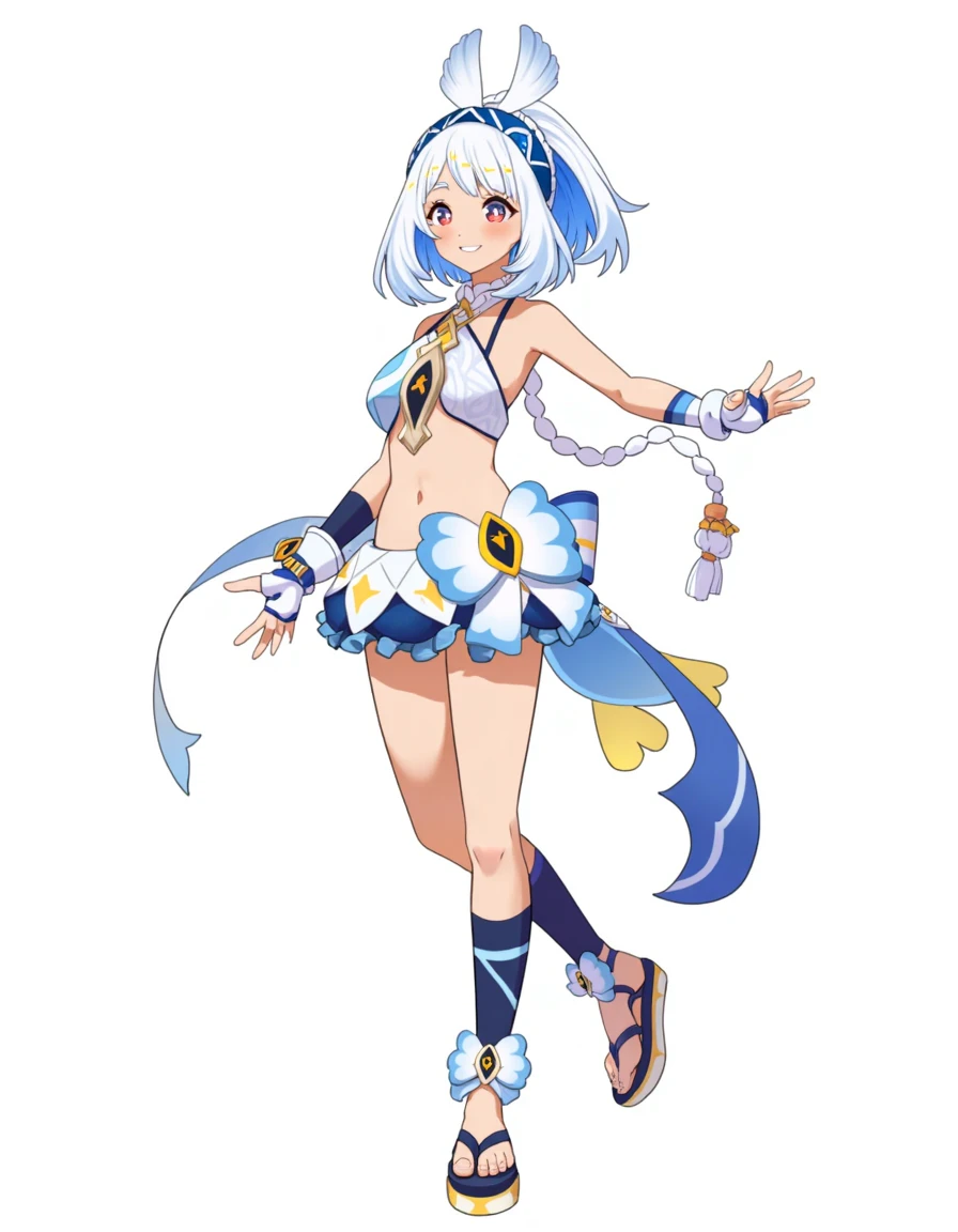 Mualani from Genshin Impact.
The character is a young woman with a slender, athletic build and fair skin.
She has short, white hair styled in a bob with a blue headband adorned with a white, star-like pattern and a large, white bow on top of the headband.
Her outfit is a blue and white bikini top with a blue and white pattern, blue and white mini skirt with a large bow, and blue and white thigh-high socks.
Her feet are bare, and she wears blue and white sandals with white pom-poms on the straps. 
Her arms and legs are adorned with blue, yellow, and white arm and leg warmers, and she wears blue and white fingerless gloves.
Her accessories include white, beaded bracelets, anklets.
The background is plain white.
The image has a vibrant, colorful, and whimsical aesthetic typical of modern digital art styles used in anime and manga.
<lora:mualani_genshin_impact_flux_v1:1>