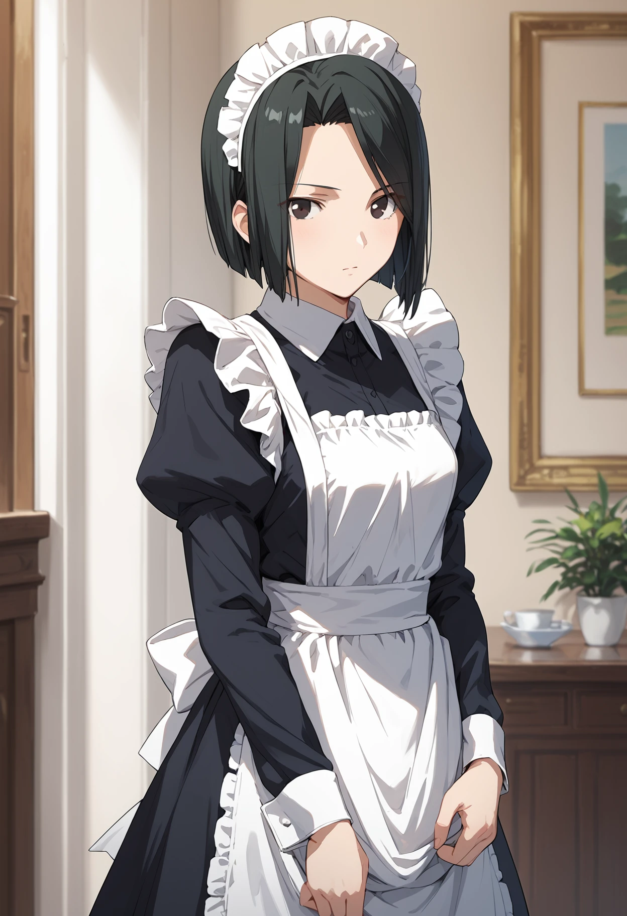 score_9, score_8_up, score_7_up, , score_ANIME, 1girl,, maiya, 1girl, solo, black hair,, black eyes,  bob cut,, cowboy shot, <lora:hisau_maiya_pony2:0.9> looking at viewer,        maid headdress,  maid, cowboy shot,