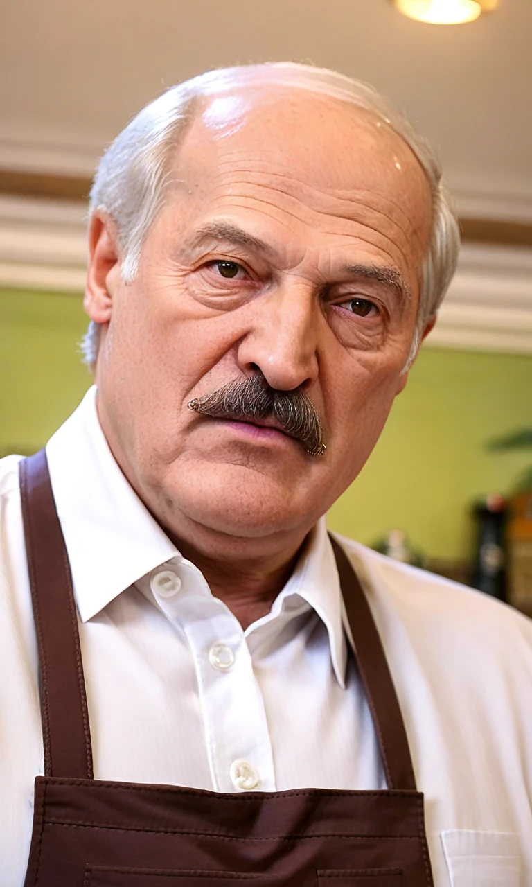 from front,upper body,looking_at_viewer,solo,(detailed face),solo,score_9, score_8_up, score_7_up, 1boy,lukashenko,grey-hair,moustache,solo,old,old man,aged_up,w,brown apron,white shirt,indoor,on bar